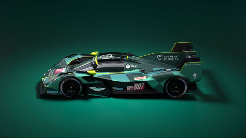 The Aston Martin Valkyrie Hypercar, featuring a sleek green and black color scheme and advanced aerodynamic design, is showcased against a vibrant green background, capturing the spirit of Le Mans Return.