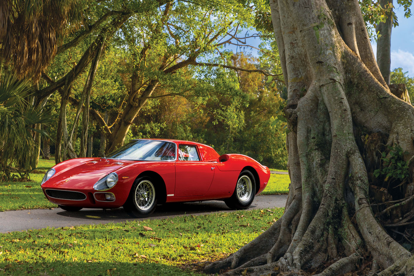 A red Ferrari 250 LM, a true Best of the Best, is parked on a paved path beside large, exposed tree roots in a green wooded area under a clear sky.