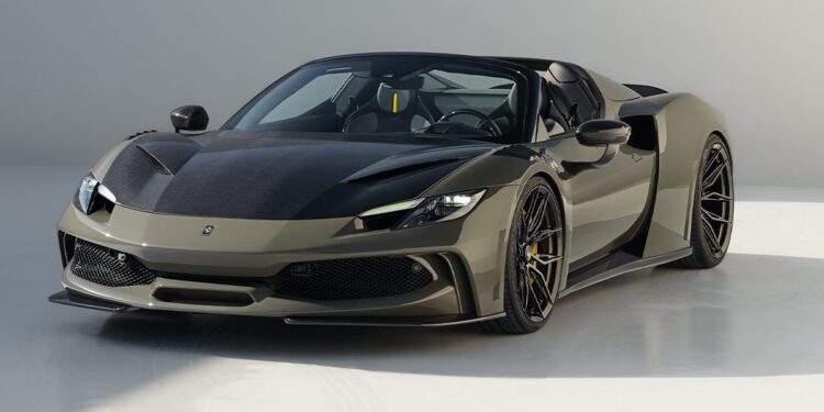 A sleek, dark green convertible sports car, featuring black accents and aerodynamic design, sits gracefully on a light surface. With its low-profile tires, this NOVITEC-enhanced Ferrari 296 GTS exudes a powerful allure worthy of the N-LARGO badge.