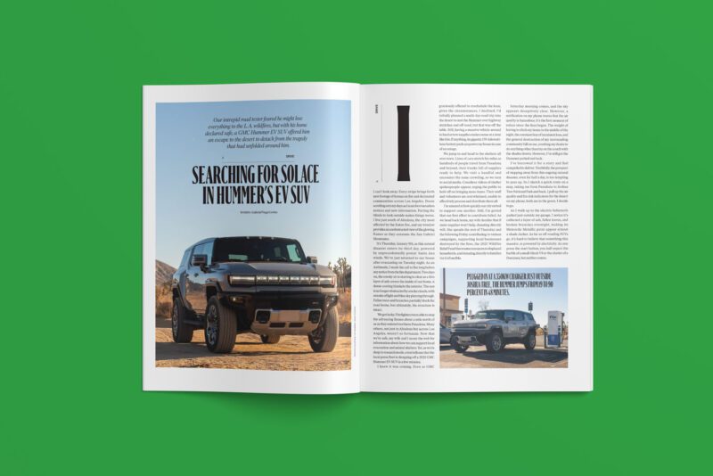 The March 2025 issue of duPont REGISTRY lies open on a green surface, showcasing an article titled "Searching for Solace in Hummer's EV SUV," accompanied by an image of the sleek vehicle conquering a rugged desert landscape.