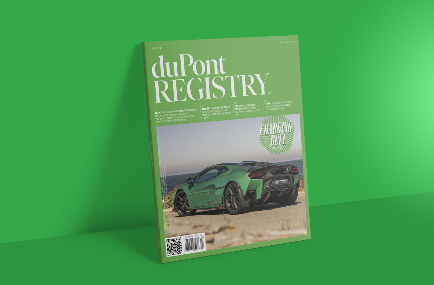 Magazine cover for March 2025 featuring a green sports car on a coastal road, with the text "duPont REGISTRY" and "The Charging Issue" against a lush green background. A QR code is prominently displayed on the bottom left corner.