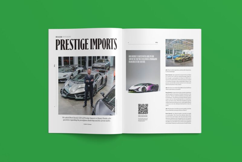 Open magazine spread on a green background featuring an article titled "Prestige Imports" from the acclaimed March 2025 issue of duPont REGISTRY, showcasing images of luxury cars and a man in a suit.