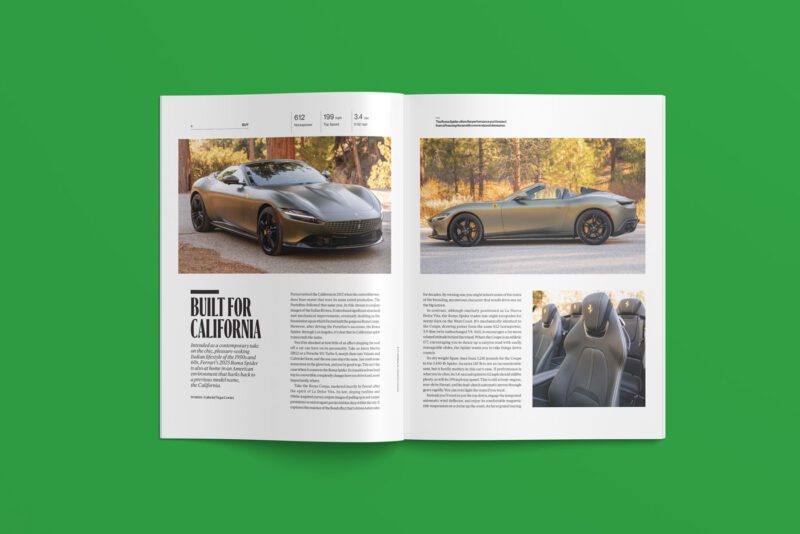 Open duPont REGISTRY magazine on a green background, featuring a March 2025 car review with images of a sleek, grey convertible from different angles and interior seats.