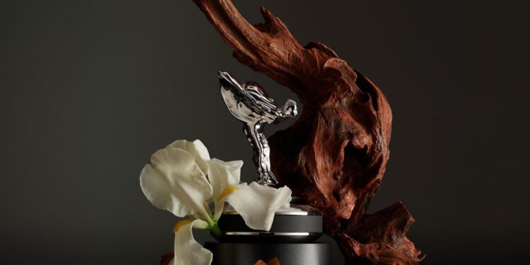 A silver figurine on a round base is surrounded by a white flower, twisted wood, and cinnamon sticks on a dark background, evoking an in-car fragrance as luxurious as the scent within a Rolls-Royce.