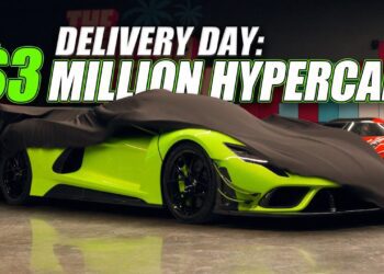 A bright green Hennessey Venom F5 hypercar partially covered with a black sheet. The text reads: "DELIVERY DAY: $3 MILLION HYPERCAR - Hamilton Collection.