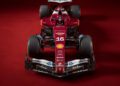 A dynamic Ferrari F1 car, showcasing sponsor logos, roars from the front on a vivid red backdrop. Bearing the number 16, this SF-25 model embodies speed and precision.