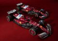 Two red Ferrari SF-25 F1 cars, adorned with sponsor logos, showcased on a vibrant red background.