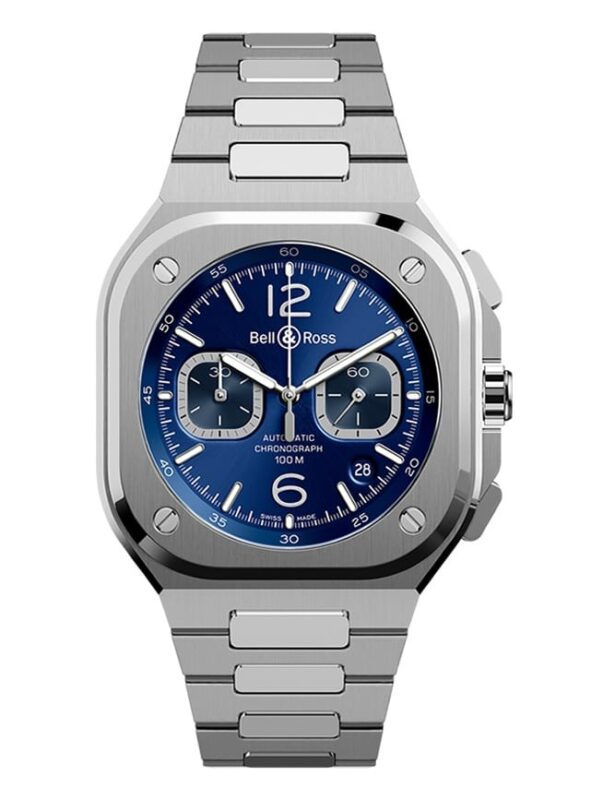 This silver metal watch, among the best luxury watches, boasts a rectangular case and a striking blue dial. With chronograph features, it includes three sub-dials, a date display, and crisp white hour markers.