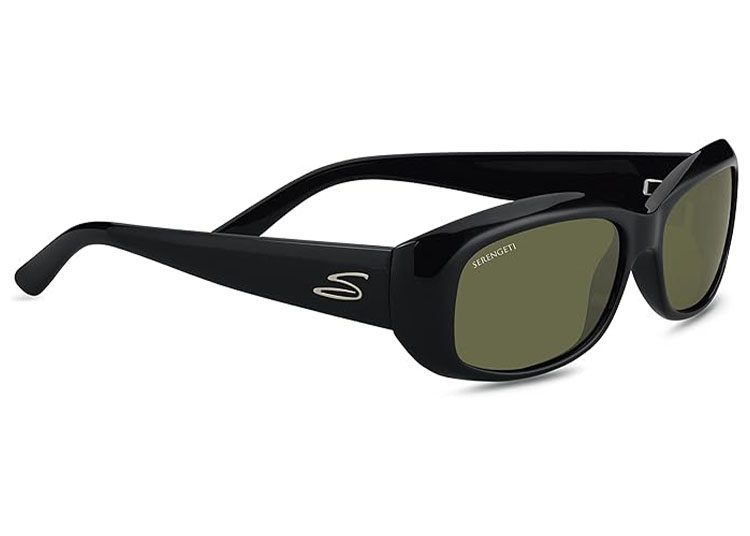 Elevate your style with these luxury sunglasses: black frames, rectangular green-tinted lenses, and a sleek silver "S" logo on the arm. Perfect for the ultimate driver, they also proudly display the brand name across the lens.