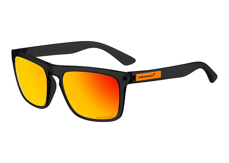 Black rectangular sunglasses with orange gradient lenses and a logo on the arms, these are the ultimate driver’s luxury sunglasses for any enthusiast.