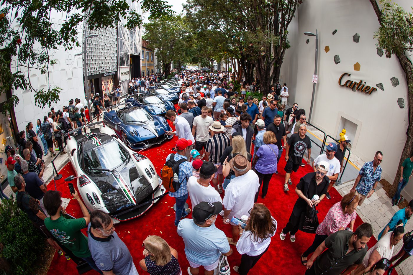 Thousands gather on a red carpet to admire a row of luxury sports cars at the Miami Concours 2025, set against a backdrop of tree-lined streets and the elegant Cartier store.