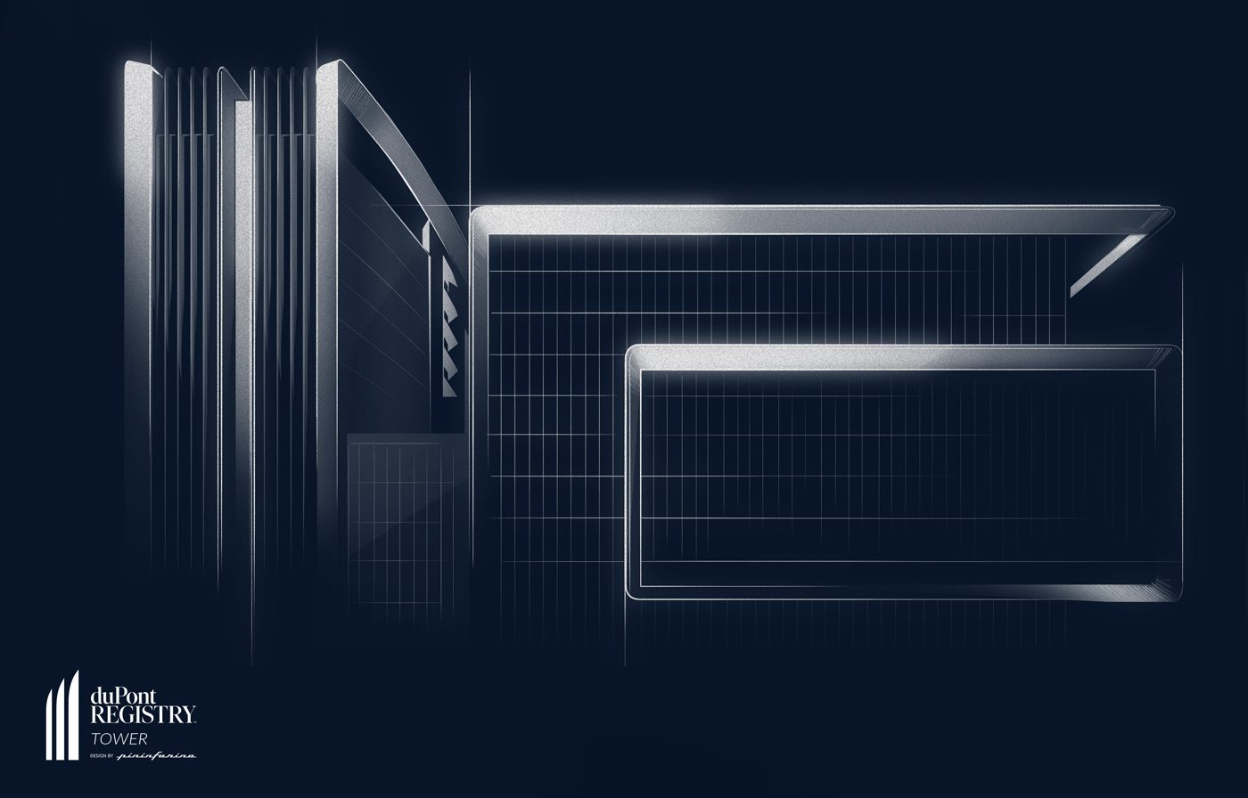 Abstrak rendering arsitektur menara mewah, menara registri duPont, menampilkan garis geometris dan bentuk dengan latar belakang gelap, sempurna untuk kolektor mobil di Miami.