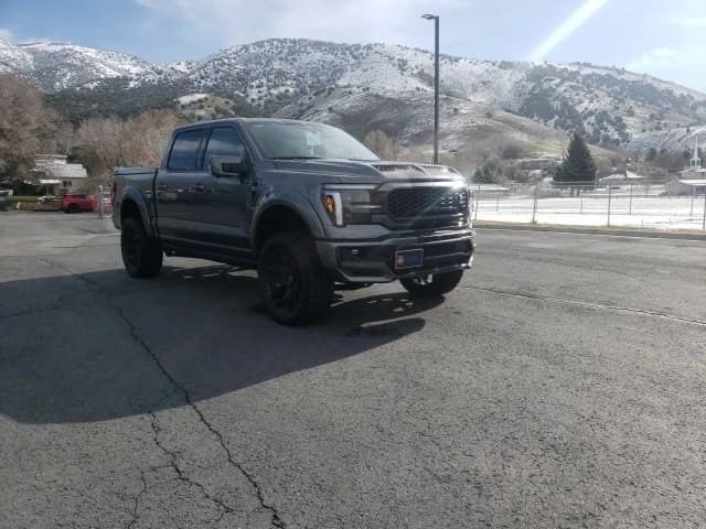 A dark-colored Ford F-150 pickup truck is parked on a paved road, with snow-covered mountains and trees visible in the background. Shelby Trucks for sale offer both power and style in stunning landscapes like this.