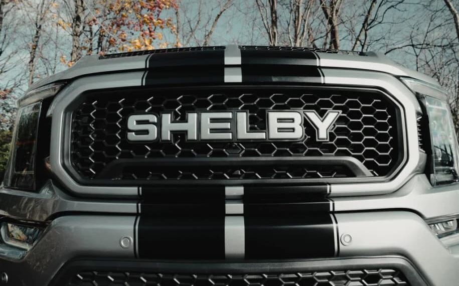 Close-up of the front grille of a Ford F-150 with "SHELBY" in bold letters and black racing stripes, perfect for those seeking Shelby Trucks for sale; trees can be seen in the background.