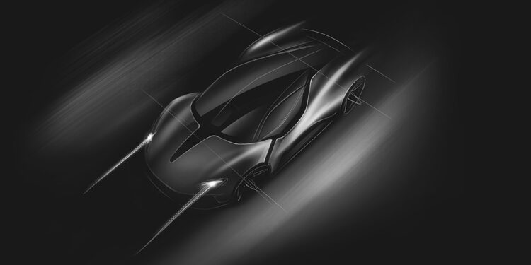 Artistic rendering of a sleek, futuristic car, reminiscent of Lanzante Limited's innovative designs, with dynamic light trails set against a dark background.