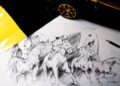 Sketch of horses and riders, a pencil, and a Bugatti Baby II model car with yellow details come to life on a light background. Jascha Straub's artistry shines through in this captivating composition that blends motion with meticulous design.