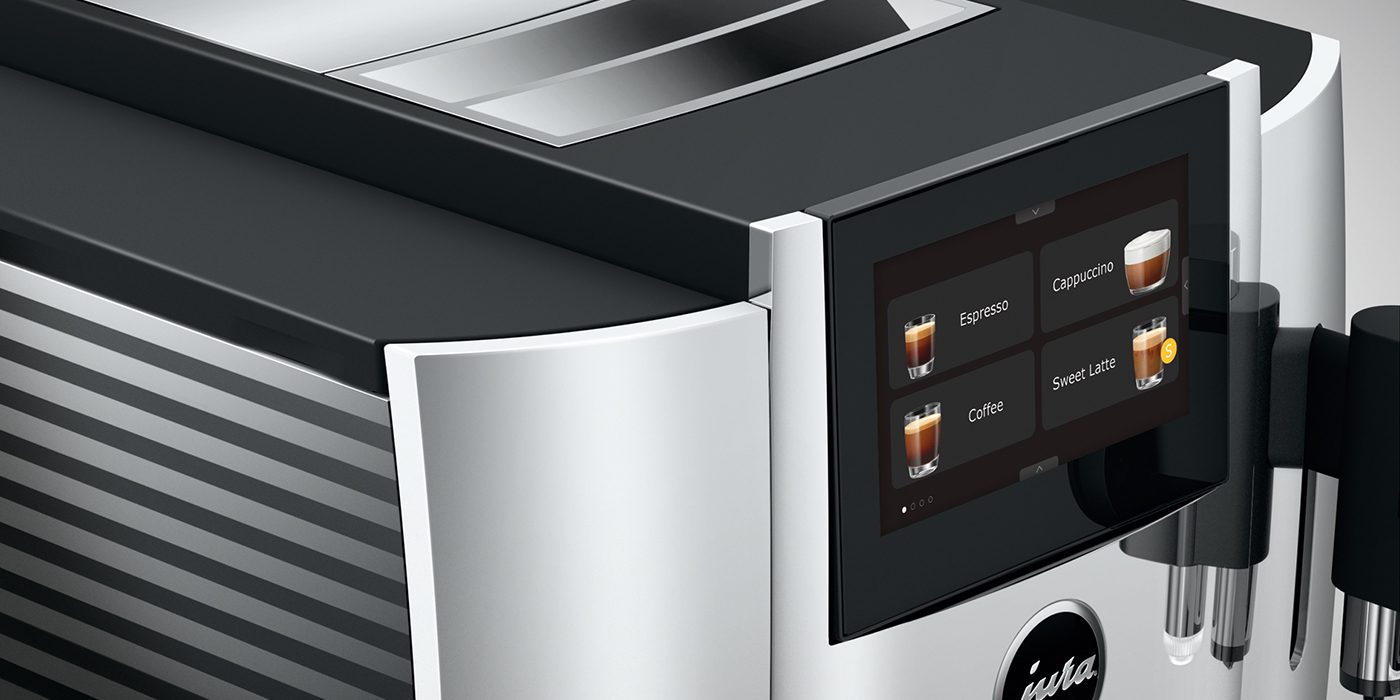 Experience coffee enjoyment like never before with the JURA S8, a cutting-edge machine featuring an innovative touchscreen interface that effortlessly displays options for espresso, cappuccino, coffee, and sweet latte.