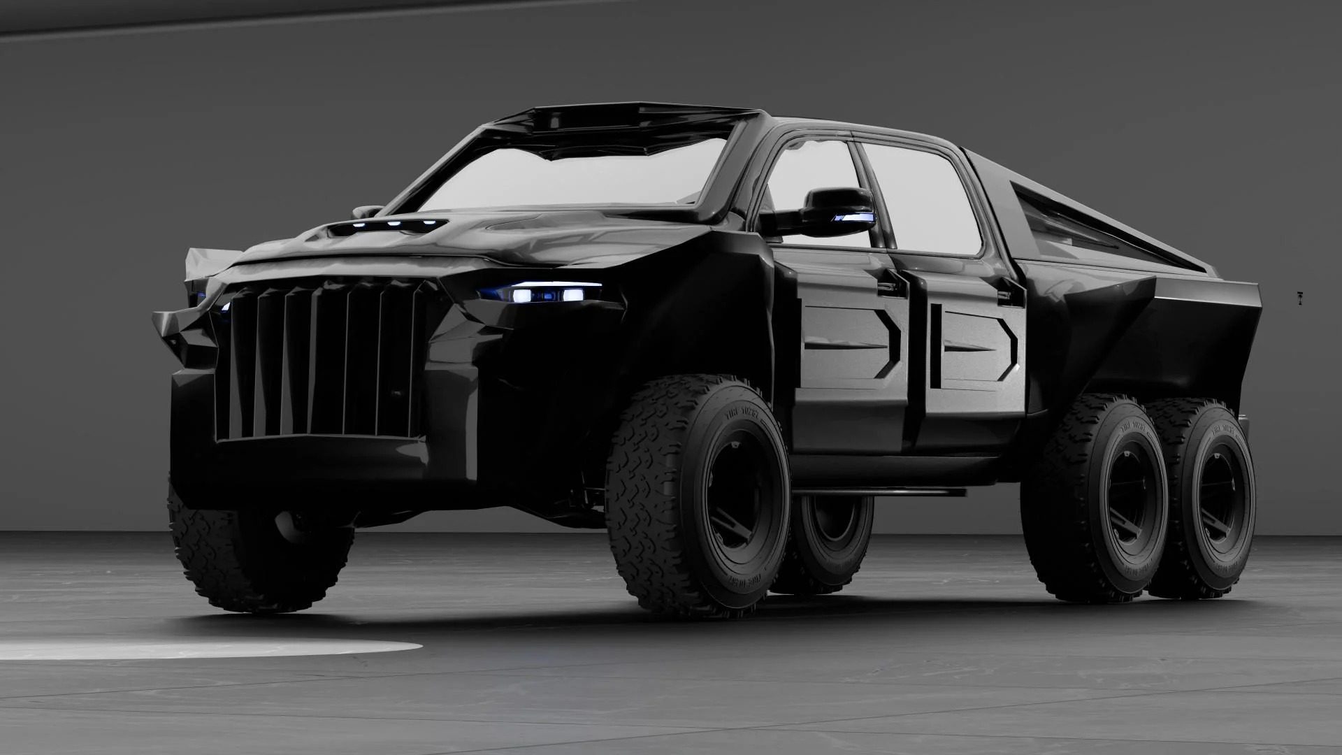 A black, futuristic six-wheeled pickup truck with angular body design and illuminated headlights is showcased in a minimalist indoor setting, ideal for those seeking unique 6x6 trucks for sale.