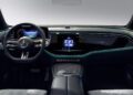 Futuristic car interior with a large digital dashboard, touchscreens featuring an AI Radio App, and a Mercedes-Benz logo on the steering wheel. Ambient lighting accentuates the sleek design.