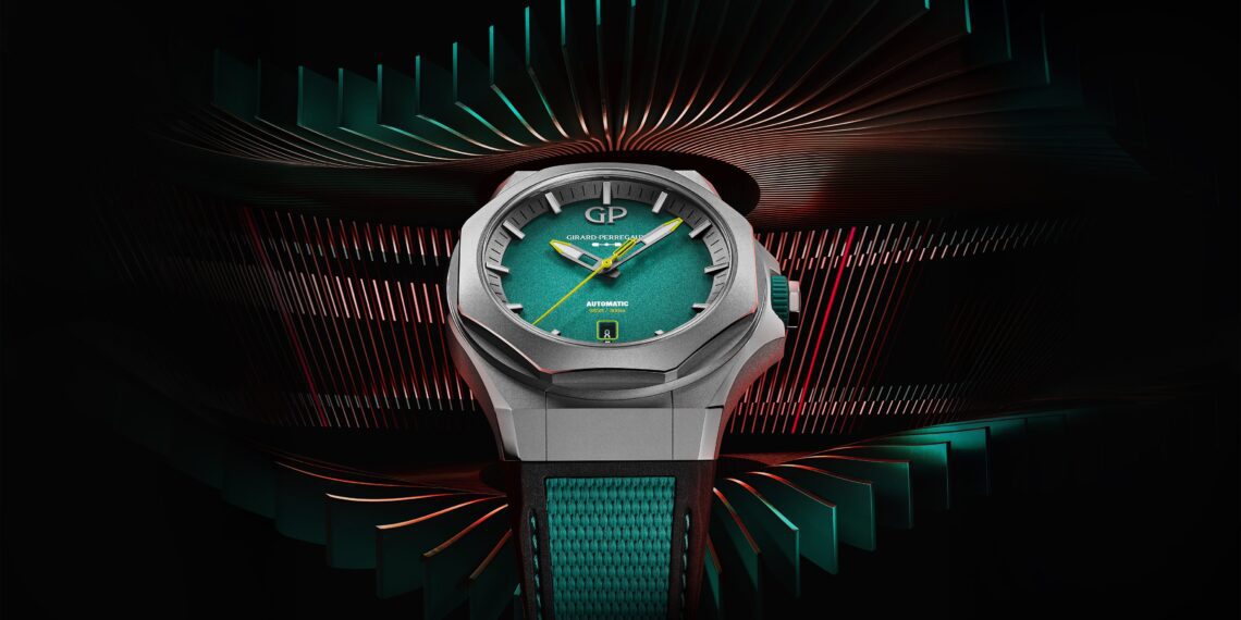 Introducing the limited edition green and silver wristwatch, a masterpiece with a textured metallic dial and geometric background pattern. This exclusive design is inspired by the prestigious Aston Martin F1 watch collection, showcasing unparalleled craftsmanship.