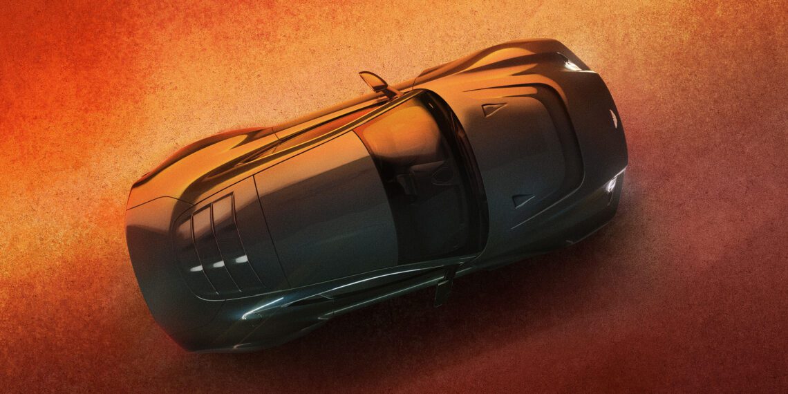A shiny, black sports car is viewed from above, parked on a textured, orange surface with subtle lighting highlighting its sleek design.