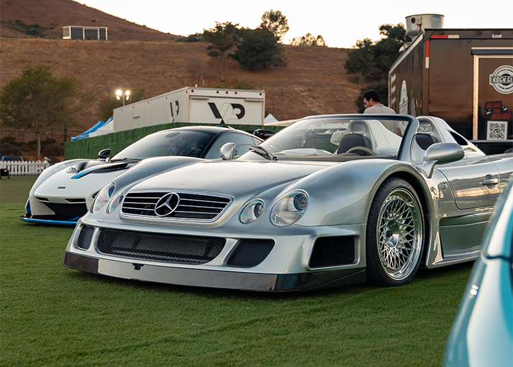 A silver Mercedes-Benz sports car is parked on grass beside another car, evoking the thrilling ambiance of a Motorsport Festival. In the background, a truck and trees hint at the vibrant energy of scenes like those at Sonoma Raceway.