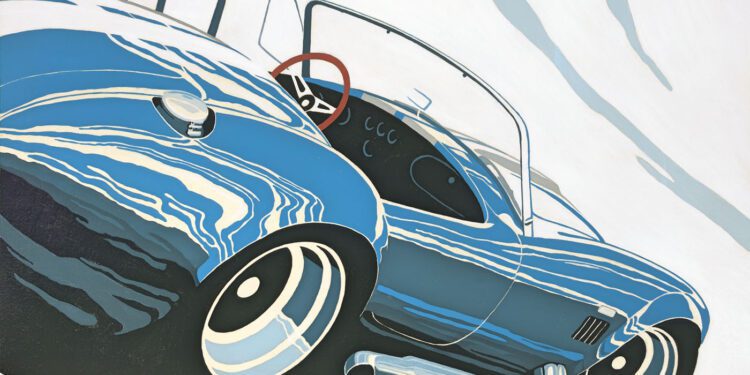 Illustration of a vintage blue convertible sports car viewed from a low angle, transforming its curved lines and chrome details into captivating motorsport art, set against an abstract white and gray background.