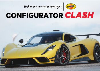 A yellow Venom F5 speeds down the track, with "Hennessey Configurator Clash" boldly displayed above, hinting at a thrilling design competition.