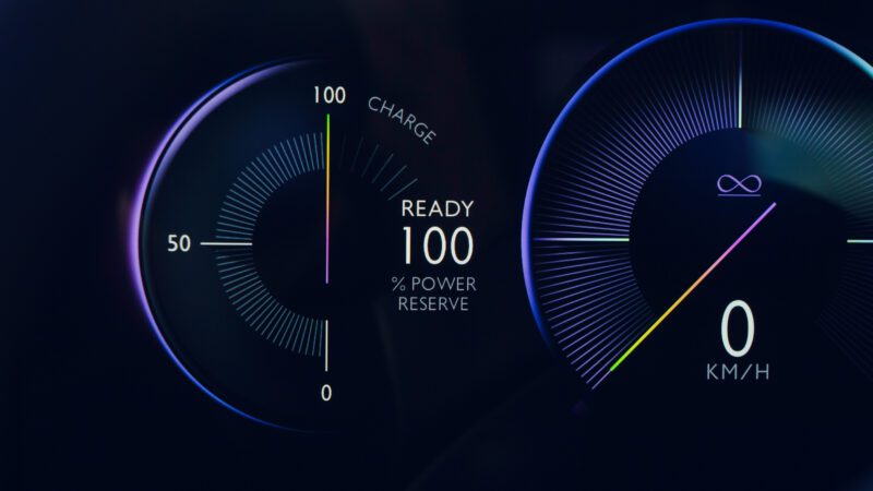 Close-up of a vehicle dashboard showing a 100% power reserve charge and a speedometer reading 0 km/h, with colorful gradient indicators.