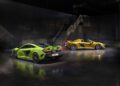 Two sports cars in a dimly lit garage: a green coupe on the left and a yellow convertible McLaren on the right, both parked on shiny concrete, reminiscent of exclusive owner events hosted by LT Cars.