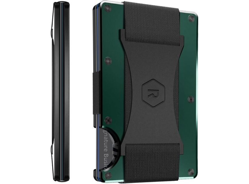 Front and side view of a minimalist wallet from the Wheels x Wardrobe collection, featuring a black elastic band and St. Paddy's Day-inspired green metal plates, with space for cards and cash.