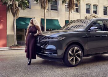 A woman in a brown dress stands beside a gray Lincoln Navigator on a city street. Palm trees sway nearby, and a building with green awnings adds charm to the backdrop.