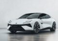 Unveiled at Milan Design Week, the Theory 1 Concept Car by Lotus is a sleek white electric sports sedan with black accents. It boasts a futuristic design, sharp LED headlights, and large alloy wheels that command attention on any road.