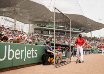 A baseball player stands near the dugout, holding a bat, much like a pilot readying in a virtual hangar. The stadium is filled with spectators watching the game unfold with excitement, reminiscent of an aircraft marketplace buzzing with activity.