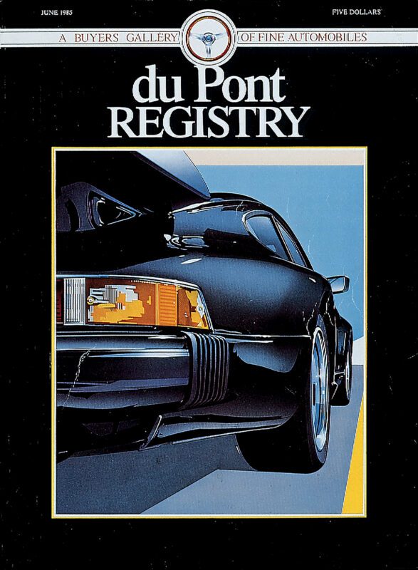 Cover of the June 1985 duPont REGISTRY, showcasing a sleek black sports car from a rear-side angle. As part of its 40th Anniversary collection, this edition highlights iconic Cover Cars, with the magazine's title prominently displayed at the top.