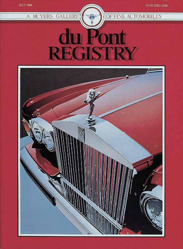 Cover of the duPont REGISTRY magazine, July 1985. This 40th Anniversary edition features a close-up image of a classic car's front grille and hood ornament, framed by a striking red border with the magazine title at the top.