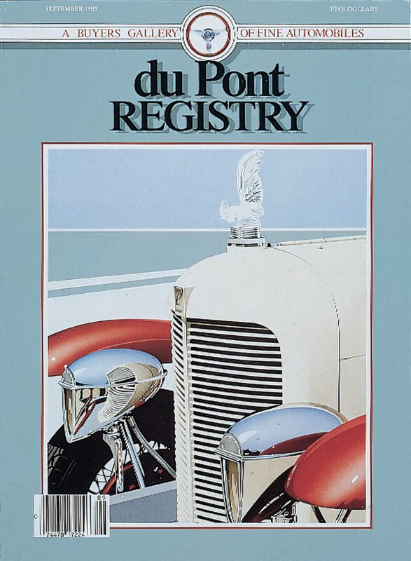 Celebrating the 40th Anniversary, this duPont REGISTRY magazine cover showcases a vintage car with a striking hood ornament and bold red fenders against a serene blue background.