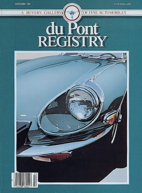 Magazine cover showcasing a close-up of a classic car's headlight and fender. Title reads "duPont REGISTRY," celebrating the 40th Anniversary, with an October 1983 issue date, highlighting the Cover Cars collection.