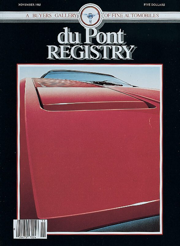 Cover of the duPont REGISTRY magazine, November 1984 issue, featuring a close-up view of a red sports car hood. Celebrate with us as this iconic cover car marks its anniversary in high-octane style.