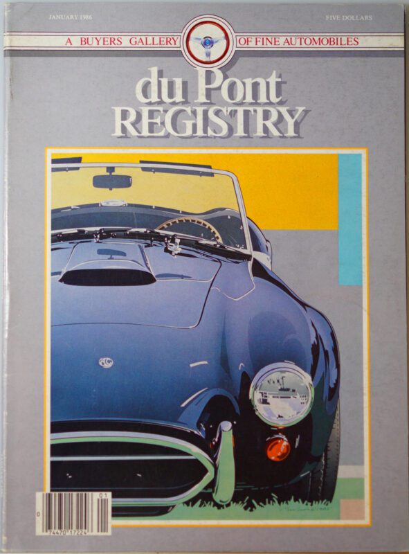 Cover of the 40th Anniversary edition of duPont REGISTRY magazine, January 1986, showcasing a classic blue sports car with a keen focus on its front grille and windshield.