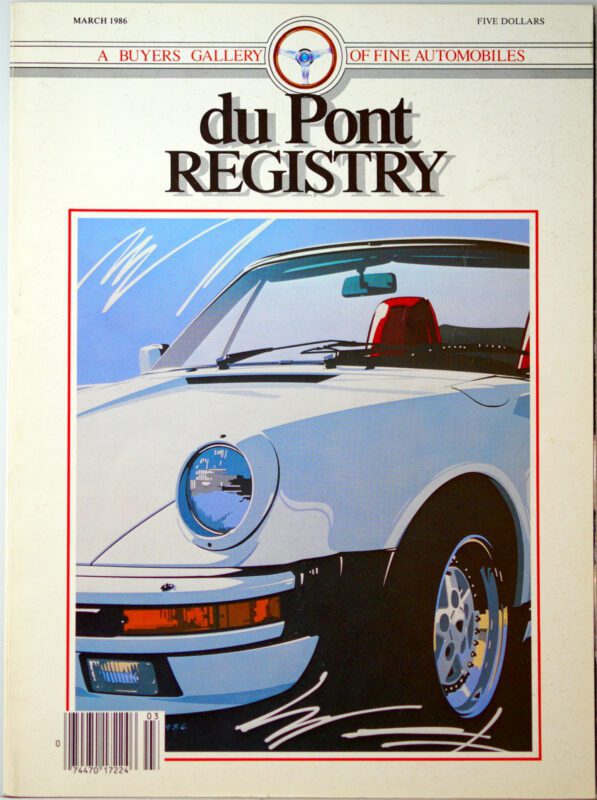 Magazine cover spotlighting an illustrated white sports car with a sleek red interior. Text reads "duPont REGISTRY" celebrating "40th Anniversary" with issue and price details.