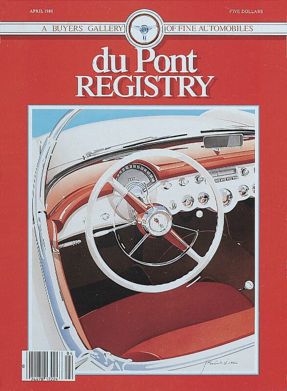 Magazine cover featuring a vintage car dashboard illustration, titled "duPont REGISTRY," celebrating the 40th Anniversary of Cover Cars, dated April 1985.