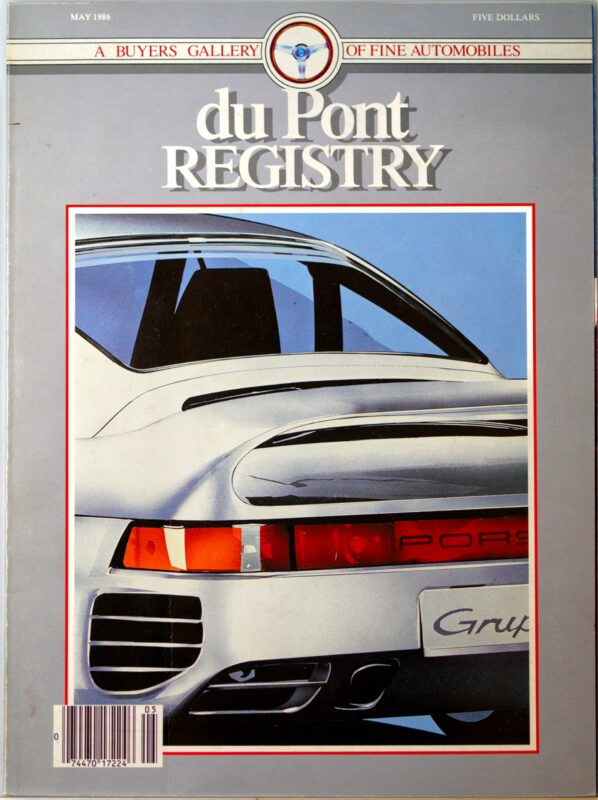 Magazine cover featuring a close-up of a silver sports car's rear with a red taillight and Porsche emblem. Titled "duPont REGISTRY" from May 1986, celebrating the 40th Anniversary of Cover Cars, priced at five dollars.