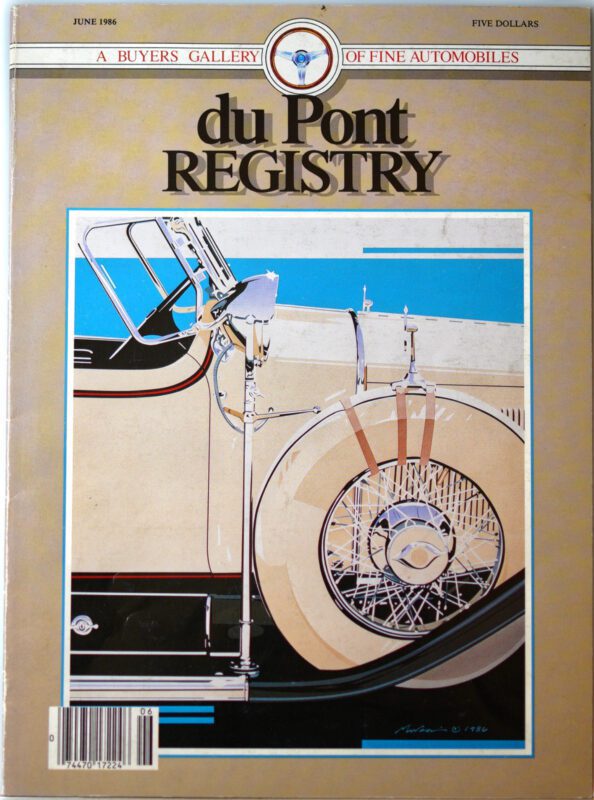 Cover of the June 1986 duPont REGISTRY magazine showcasing a close-up illustration of a vintage car wheel and headlight. Celebrating its legacy, this edition is part of the journey towards the 40th Anniversary. Priced at five dollars, it’s a collector's delight.