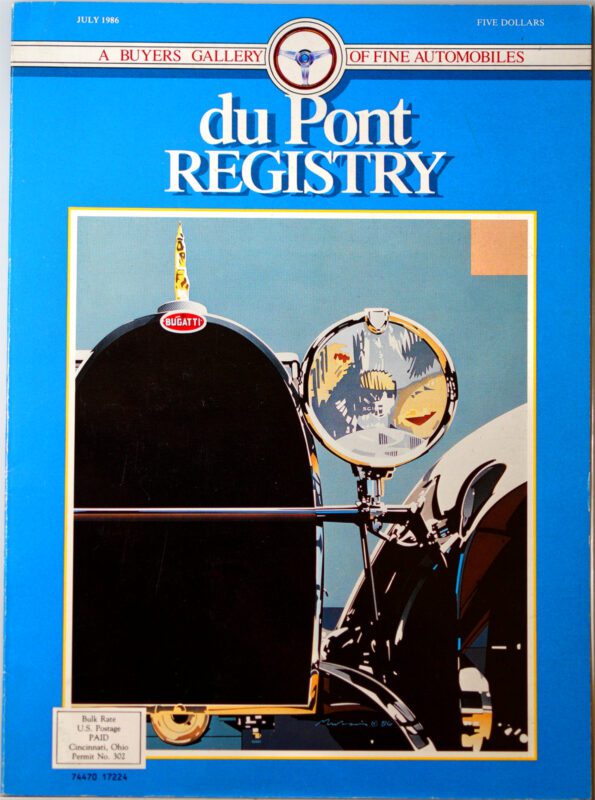 Magazine cover titled "duPont REGISTRY" from July 1986, celebrating its 40th Anniversary with a close-up of a classic Bugatti car grille and headlight, exemplifying the elegance found in their renowned Cover Cars collection.