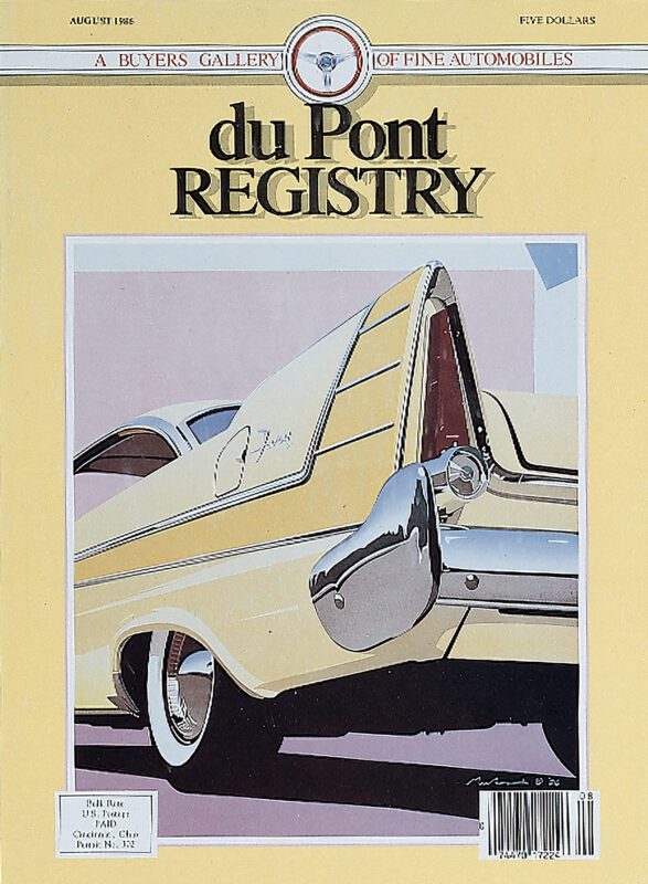 Cover of the August 1985 duPont REGISTRY magazine, celebrating its 40th Anniversary, features a stylized illustration of a yellow vintage car's rear with distinctive tailfins and chrome bumper against a vibrant yellow background, epitomizing the classic allure of Cover Cars.