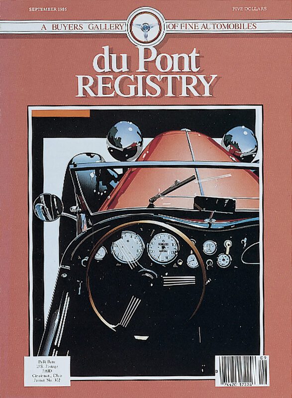 Cover of the September 1986 issue of duPont REGISTRY, celebrating its 40th Anniversary, features a classic car interior with a visible dashboard and steering wheel.