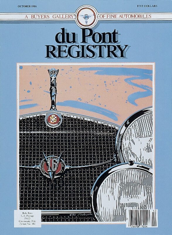 Magazine cover of "duPont REGISTRY" featuring the front of a classic car with elegant hood ornament and gleaming headlights. October 1995 issue, proudly celebrating Cover Cars' timeless allure in a gallery of fine automobiles.