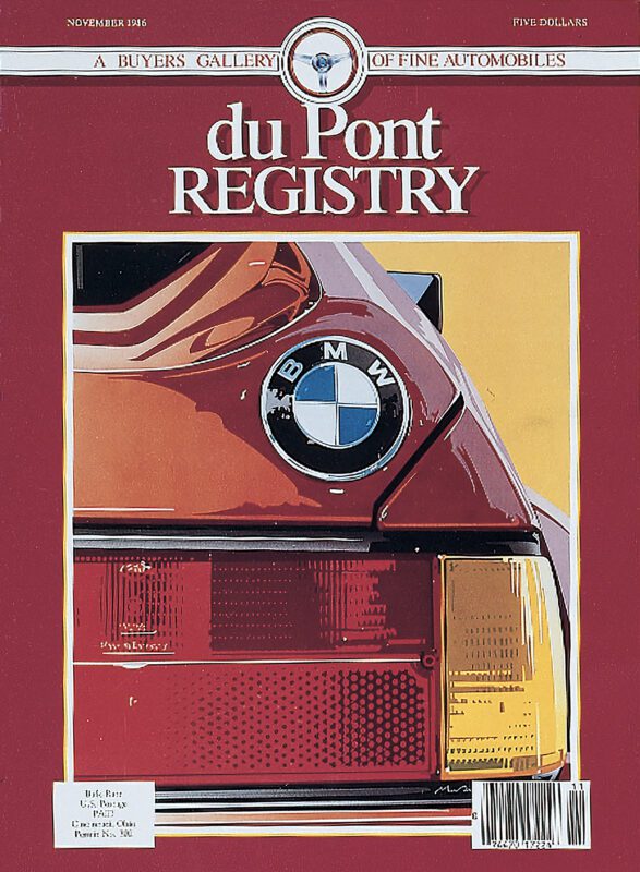 Magazine cover titled "duPont REGISTRY" celebrating their 40th Anniversary, featuring the sleek rear end of a red BMW in Cover Cars fashion.