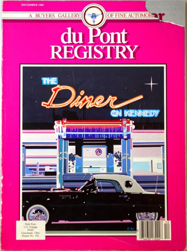 Magazine cover titled "duPont REGISTRY" from December 1996, celebrating the 40th Anniversary, featuring a diner scene with a classic black car parked in front and neon signs reading "The Diner on Kennedy.